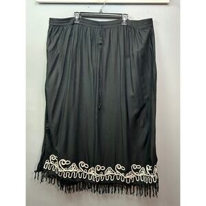 The‎ African Scene Maxi Skirt Women 1X Black Rayon Embroidered Fringe Boho